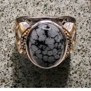 Snowflake Obsidian Ring w/ Black Stone Accents Size 9 Marked 925 NH